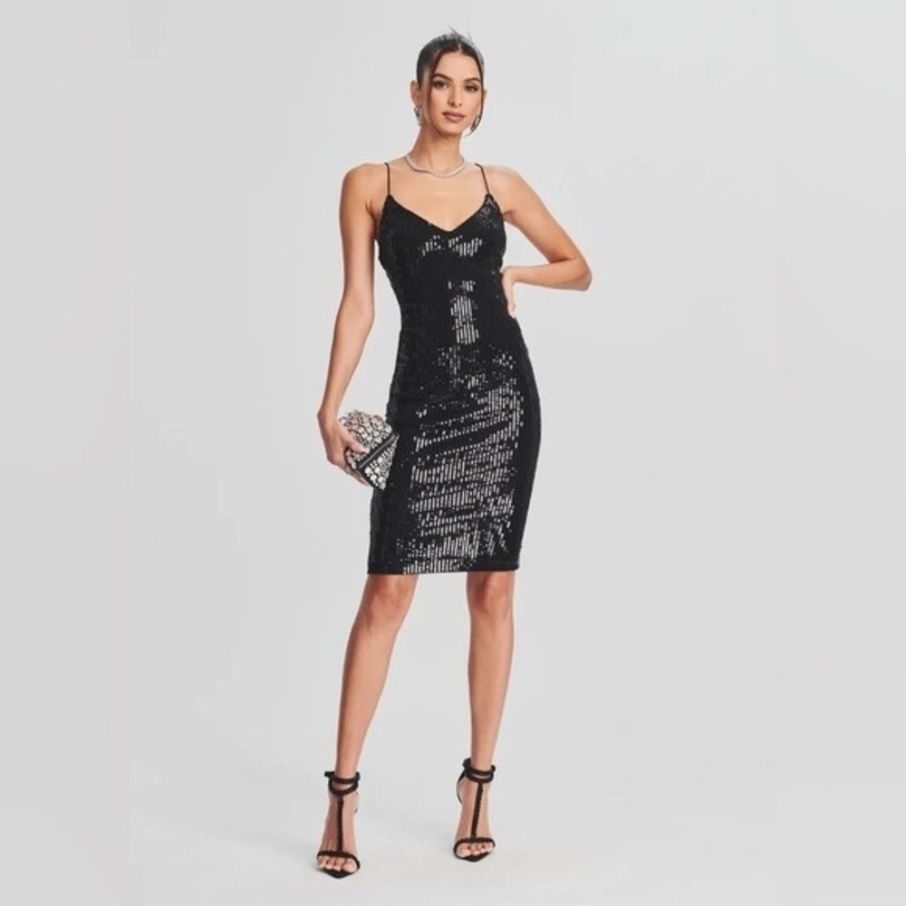 Timing Womens Black‎ Silver Sequin Spaghetti Strap V-Neck Midi Dress Large (46)